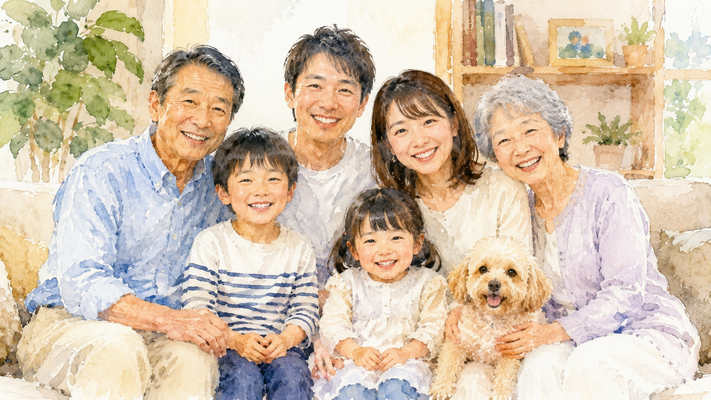 日本人3世代家族の温かい集合写真。祖父、祖母、父、母、男の子、妹の女の子、愛犬がリビングのソファーに並んで座り、カメラに向かって自然な笑顔を見せている。明るく清潔感のある家庭的な室内。観葉植物や本棚のあるナチュラルインテリア。優しい自然光が差し込み、家族の絆と幸せが伝わる雰囲気。透明感のある水彩画アート、柔らかな筆致、美しいにじみ表現、淡い色彩、絵本のような温かさ、高級感のある作品、超高精細、フォトリアル水彩、16:9横長構図、8K、masterpiece, family portrait, waterc