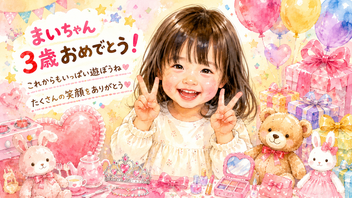 可愛らしい日本人の3歳女の子の誕生日祝い似顔絵。満面の笑顔で両手ピース。周囲に風船、プレゼント、ぬいぐるみ、うさぎ人形、ティアラ、おままごとセット、コスメおもちゃを華やかに配置。優しい水彩画タッチ、パステルカラー、紙吹雪と星の装飾、温かく明るいお祝いムード。手描き筆文字で「まいちゃん 3歳おめでとう！」「これからもいっぱい遊ぼうね」「たくさんの笑顔をありがとう」。16:9、高品質、超高精細。