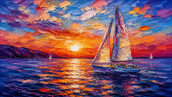 油絵、全体を極厚塗りインパスト油彩で表現。大胆なパレットナイフの筆致、立体的に盛り上がる絵具の質感。夕焼けに染まる海を進む白いヨット。燃えるようなオレンジ、赤、ピンク、紫の空と、光を反射する深い青の海。遠景に山並みと小さなヨット。鮮やかな色彩、ダイナミックな構図、シネマティック、高級アート作品、超高精細、16:9横長構図。