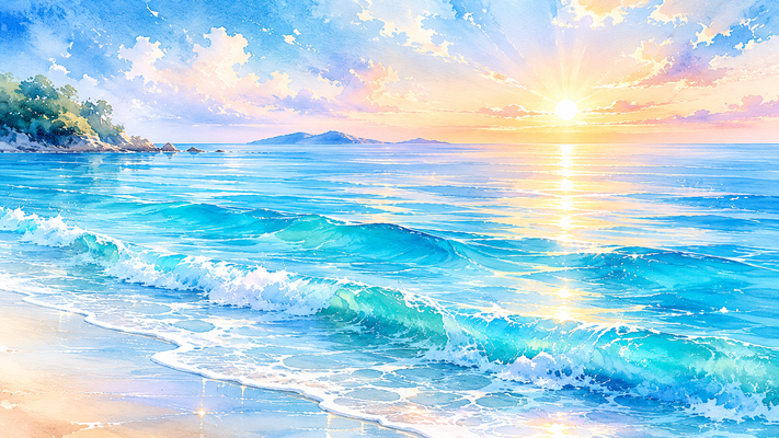 透明なターコイズブルーの海と白い砂浜を描いた幻想的な水彩画。穏やかな波が優しく打ち寄せ、朝日に照らされた海面がきらめく。遠くに小さな島影、淡いピンクやオレンジに染まる空と柔らかな雲。透明感あふれる色彩、繊細なにじみ、美しい光の表現、癒しの海景、水彩アート、高品質、高画質、16:9横長構図。