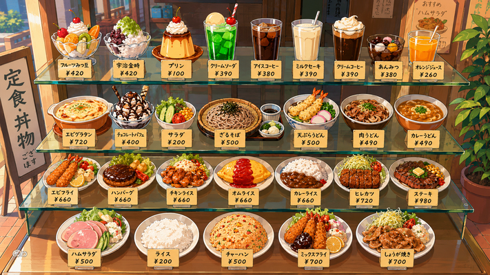 昭和の食堂の食品サンプルショーケース。ガラス棚に並ぶオムライス、カレーライス、ナポリタン、ハンバーグ、エビフライ、うどん、ざるそば、パフェ、クリームソーダ。ざるそばは竹ざるの上に盛られた蕎麦、刻み海苔、そばつゆ、わさび、ねぎ付き。明るく清潔な店内。鮮やかなセルアニメ風、太めの輪郭線、アニメ背景美術、ジブリ風の温かい色彩、食品サンプルのツヤ感、見やすい構図、可愛らしいデフォルメ、超高精細、16:9横長構図、8K、masterpiece。