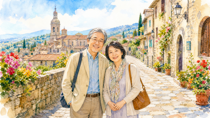日本人の60代夫婦が海外の美しい石畳の街並みで肩を寄せ合い、笑顔で記念撮影。背景には歴史ある教会やヨーロッパ風の建物、色鮮やかな花々が咲き誇る。青空と遠くの丘陵風景、温かな陽光に包まれた幸せな旅のひととき。繊細な筆致と柔らかなにじみを表現した水彩画タッチ、上品で明るい色彩、旅行絵葉書のような美しい構図、高品質、高画質、超高精細、16:9横長構図。