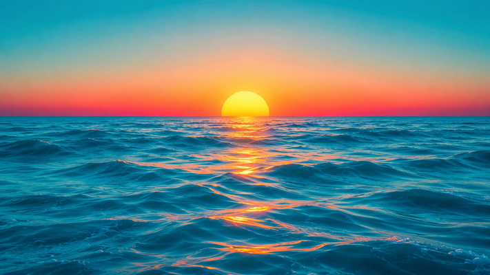 穏やかな海, ターコイズブルーの海面, 水平線に沈む大きな夕日, オレンジとピンクの夕焼け空, 青からオレンジへ変化する美しいグラデーション, 海面に映る黄金色の反射, 穏やかな波, 幻想的な雰囲気, ミニマルな風景, 高精細, 超高画質, 鮮やかな色彩, シネマティック, 癒しの風景, 横長構図, 16:9, パノラマビュー, 壁紙向け, 8K