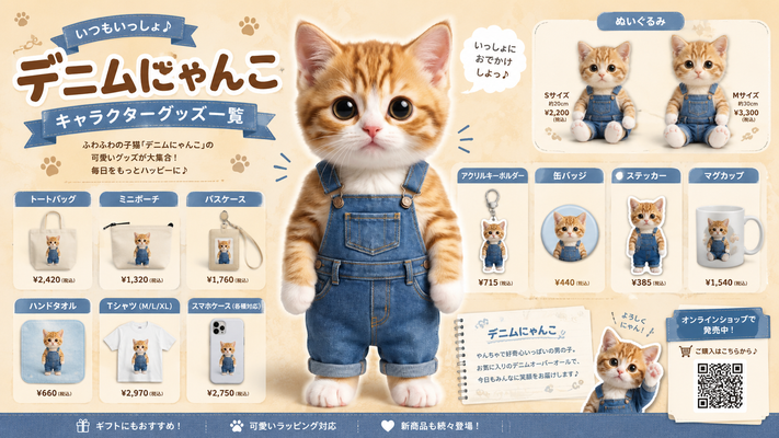 デニムにゃんこ 公式グッズラインナップの販促ポスター。大きな瞳の茶トラ白子猫が青いデニムオーバーオールを着て中央に立つ。周囲にぬいぐるみ、アクリルキーホルダー、缶バッジ、ステッカー、マグカップ、トートバッグ、ポーチ、Tシャツ、スマホケース、ハンドタオル、パスケース、クリアファイルを整然と配置。白とベージュを基調にした高級感のあるカタログデザイン。肉球モチーフ、リボン見出し、日本語タイトル「デニムにゃんこ 公式グッズラインナップ」。かわいいマスコット紹介欄、ギフト案内、SNS案内付き。明るく温かい雰囲気、商