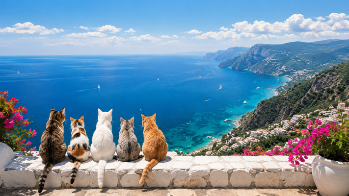 断崖絶壁の展望スポットに並んで座る5匹の猫, ターコイズブルーの地中海を見下ろす絶景, 白い石造りのテラス, 猫たちの後ろ姿, 遠くに続く海岸線と断崖, 穏やかな海, 小さなヨットが浮かぶ海面, 開放感あふれる青空, 爽やかな海風, 仲良く並ぶ猫たち, 癒しの雰囲気, 旅行ポスターのような景観, フォトリアル, 高精細, 超高画質, 鮮やかな色彩, シネマティック, 横長構図, 16:9, パノラマビュー, 壁紙向け, 8K