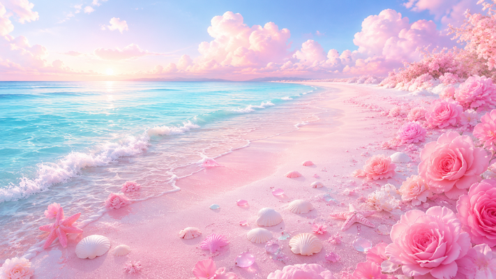 パステルピンクの砂浜に咲くローズピンクの花々と白い貝殻。ターコイズブルーの海が緩やかなカーブを描きながら奥へ続き、波打ち際にはピンクのヒトデやシーグラスが点在。柔らかな朝の光、ふんわりとした雲、ロマンチックで夢のような世界観。パステルカラー、フェミニン、ファンタジーアート、超高精細、透明感、美しい海辺、高級ポスター、16:9横長構図。