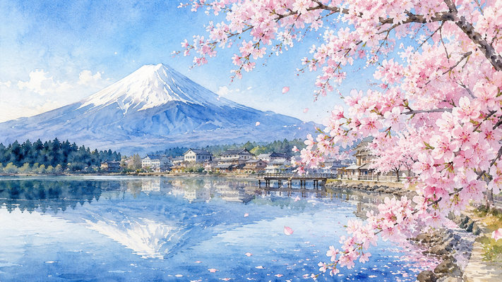 湖畔を右手前から見渡す構図。前景には満開の淡いピンクの桜がアーチ状に広がり、花びらが風に舞う。中央には鏡のような湖面に映る逆さ富士、中景には和風の小さな町並みと桟橋。背景には雄大な富士山と澄み切った青空。透明感あふれる水彩画タッチ、繊細なにじみ、柔らかな春の光、爽やかで幻想的な雰囲気、高精細、16:9横長構図。