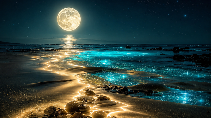 満月が輝く幻想的な夜の海岸。大きな月が海面に銀色の光を映し出し、静かな波が広がる。砂浜には青く輝く生物発光の潮だまりが点在し、ターコイズブルーの光が神秘的にきらめく。月光を反射する滑らかな砂丘と丸い岩、星が輝く深いネイビーの夜空。幻想的な光の小道が海へ続くような構図。ドリーミー、ファンタジーアート、超高精細、フォトリアル、シネマティックライティング、8K、高級アートポスター、16:9横長構図。
