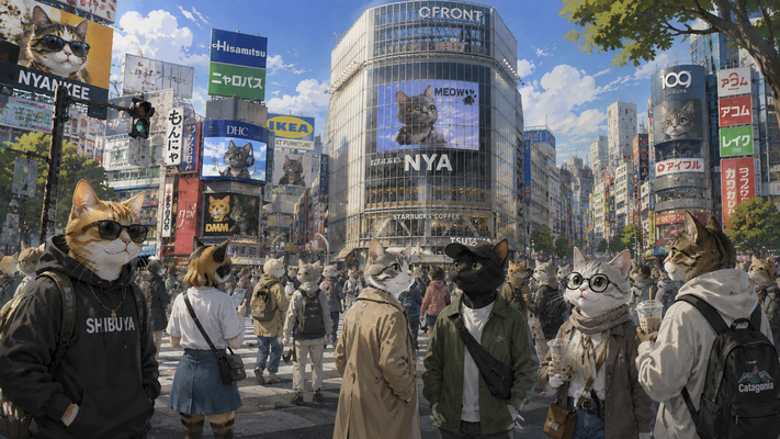 日本の渋谷スクランブル交差点を舞台にした猫だけの擬人化都市。おしゃれな洋服を着た茶トラ、黒猫、三毛猫、白猫たちが行き交う。巨大ビジョンには猫モデル広告、高層ビルとネオン看板、活気あふれる街並み。猫文明が発展した現代東京、アニメ映画風、鮮やかな色彩、超高精細、シネマティックライティング、ファンタジーリアリズム、8K、masterpiece、16:9横長構図。