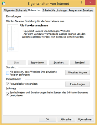 Windows 8.1. Alle Cookies Annehmen