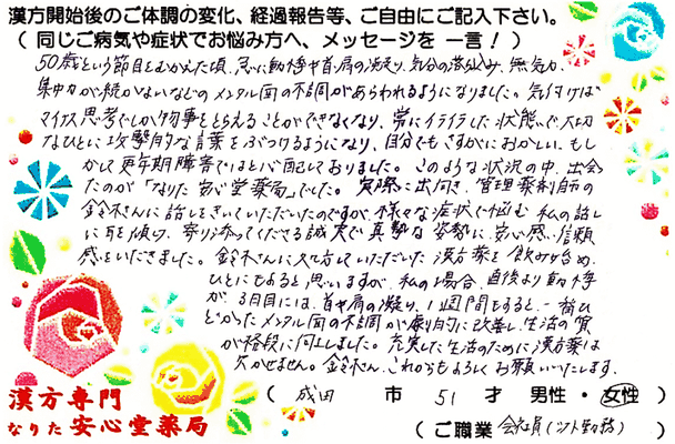 【 PMDD・動悸・肩こり・更年期 】（成田市・51才・女性）