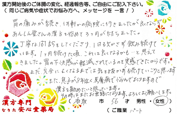 【 機能性ディスペプシア・体重減少・甲状腺異機能亢進 】（香取市・56才・女性）