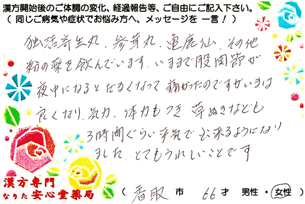 【 胸膜中皮腫・子宮筋腫・股関節痛 】・独活寄生丸（どっかつきせいがん）・双料参茸丸（そうりょうさんじょうがん）・亀鹿仙（きろくせん）服用中（香取市・女性・66才）