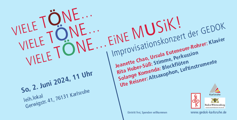 VieleTöne... Eine Musik! Improvisationskonzert der GEDOK im leih.lokal am 2.06.2024 um 11:00; Foto und Grafik: Anne Kup