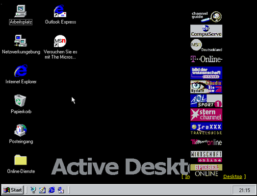 Der Desktop mit voller Ladung Internet und vorinstalliertem Internet Explorer 4.