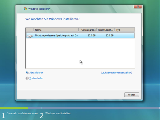 Wo ist das knallige NT-Blau hin? Tja,weg! Windows Vista liefert als erstes Windows eine GUI vor der Installation.
