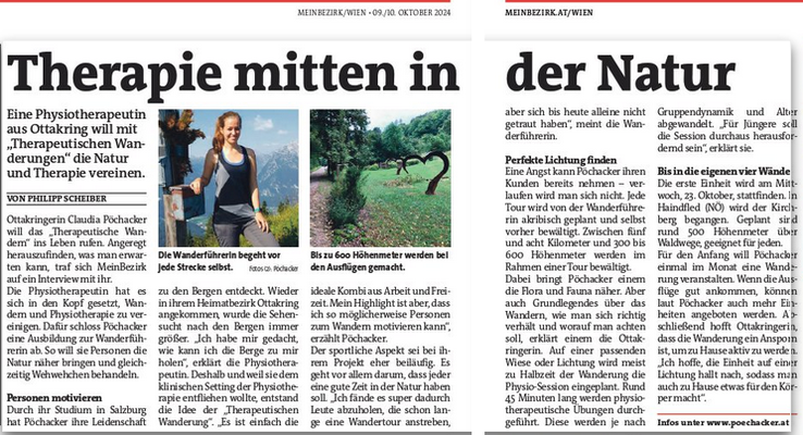 Artikel der Bezirkszeitung Ottakring, "Therapeutisches Wandern"