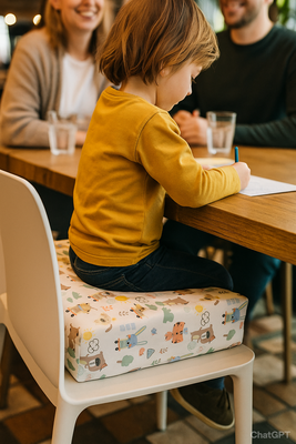 Familie im Restaurant. Kind sitzt auf Sitzerhöhung und malt auf idealer Höhe am Esstisch