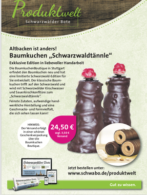 ine super coole Kooperation mit dem Schwarzwälder Boten - und einem speziell dafür entwickelten Schwarwaldtännchen: Schokobaumkuchen mit Kirschwasser, Kirschkonfitüre & Bollenhut