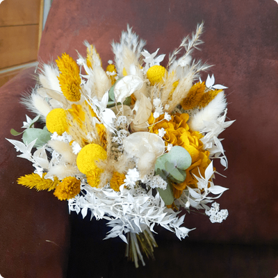 Ros Arum_mariage fleurs séchées _tons moutarde et blanc_bouquet de mariée_fleuriste mariage_rumilly