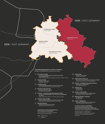 Karte mit Grenzübergangsstellen und ihre Funktion im geteilten Berlin