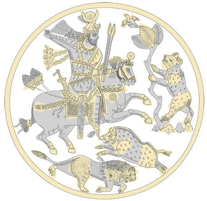 Silberner Teller mit königlicher Löwen-, Eber- und Bärenjagd mit Goldauflagen, © The Sarikhani Collection.