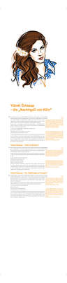 Eine von acht Künstlertafeln der Ausstellung Gurbet Sarkilari – Lieder aus der Fremde. Die dreisprachigen Tafeln bieten Informationen, Songtexte und rechts Social Media Kommentare  zu den ausgewählten Musiker:innen, 0,80 m x 3,20 m