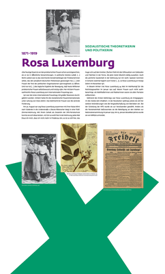 Ausstellung "Kampf um Heut und Morgen": Tafel über Rosa Luxemburg, 1,2 m x 2 m. Der Digitaldruck wurde doppelseitig (innen große Fotos) auf Aludibond kaschiert. 