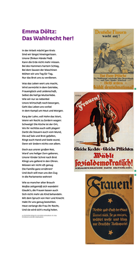 Ausstellung "Kampf um Heut und Morgen": linke Tafel mit Gedicht und einem Teil der Wahlplakate von 1908, 1 m x 2 m.