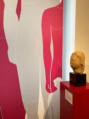 Die Tafel diente als Hintergrundbanner für den antiken Kopf eines Kouros.
