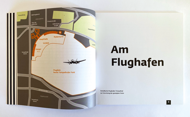 Für den Flugplatz und der südlichen Berliner Mauer verorten Detailkarten die Umgebung der aufgenommenen Fotos.