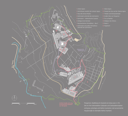 Gesamtplan von Pergamon mit numerierten Stationen, die der Besucher oberhalb projeziert in einer 3-D Rekonstruktion der BTU Cottbus (D. Lengyel) sah.