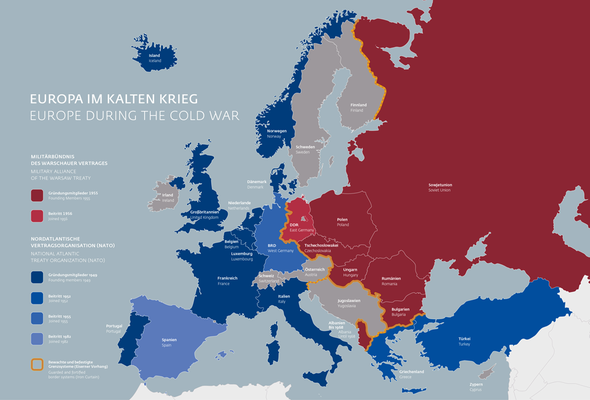 Die Karte stellt Europa im Kalten Krieg mit den Bündnissen und Grenzsystemen dar.