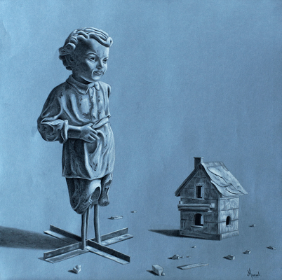 MANUEL, "La petite maison", Pierre noire et craie blanche, papier teinté, 50x50 cm, 2018