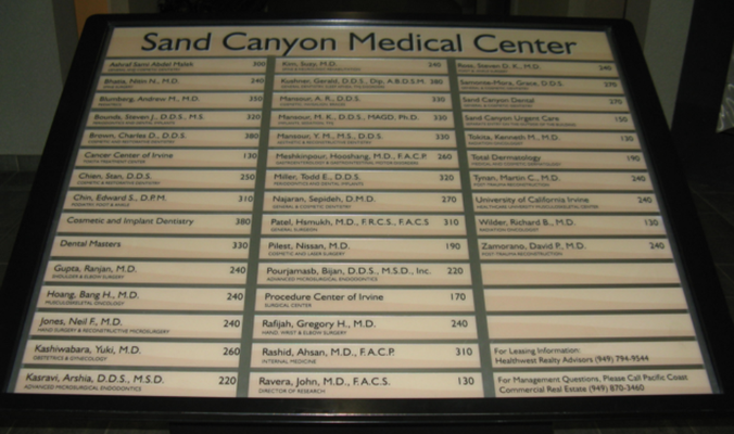 Sand Canyon Medical Center Directory Sign by Landmark Signs Inc.
