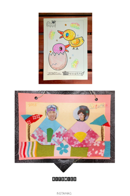 2月12日「【たまごをこんこんこん】の絵本に合わせたぬりえ」と「つるし雛」・・・顔写真はオリンピック選手だそうです(笑)