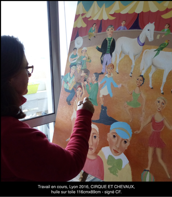 TRAVAIL EN COURS CIRQUE ET CHEVAUX HUILE SUR TOILE DE LIN