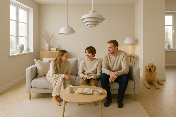 Familie mit Hund in einem gemütlichen Wohnzimmer
