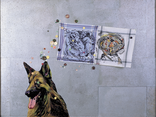 Le chien pense à Pollock - huile, mouchoirs peints et divers sur bois préparé - 122 x 160 cm - 1999