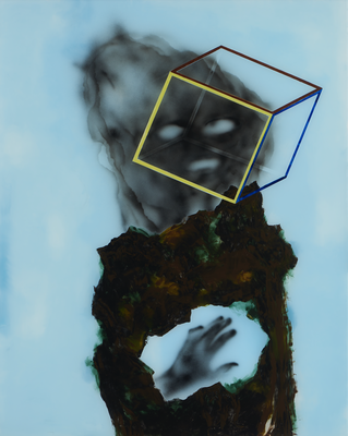 Fantôme et rhomboèdre fond bleu, huile sous verre, 100 x 80 cm, 2018, N°7/2018. 