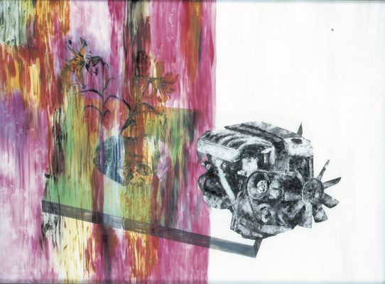 Composition avec vanité et moteur, diptyque avec Composition avec architecture - huile sous verre - 115 x 154 cm - 1998