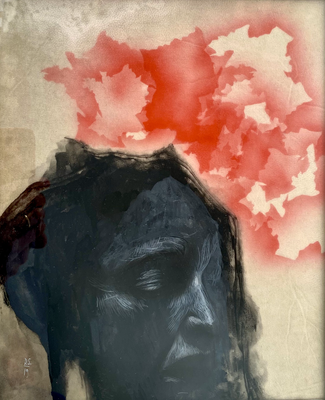 Figure avec cartes - gouache et encre sur parchemin (agneau) - 32 x 26 cm, 2019.