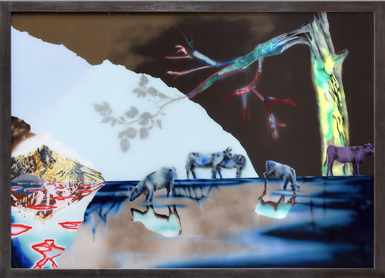 Automne (Canal de la Bruche), huile et acrylique sous plexiglas, 156 x 216 cm, 2023, N°9/2023.
