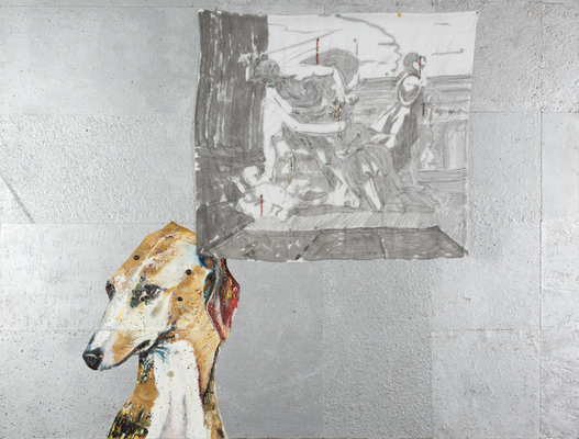 Le chien pense à Poussin - huile, soie peinte et perles de verre sur bois préparé - 122 x 164 cm - 1999