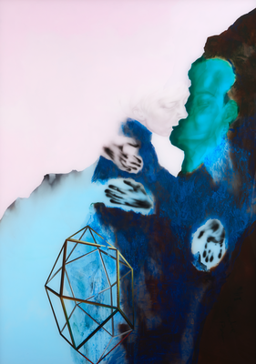 Fantôme/rhomboèdres baiser fond rose et brun, huile, acryl sous plexiglas,  175 x 125 cm, 2018, N° 21/2018.