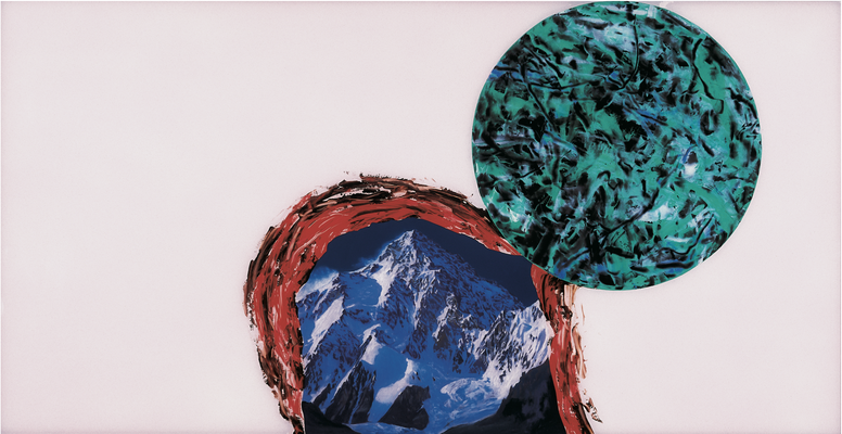 Sans titre n° 10  (montagne et sphère sur fond rose) - huile sous verre - 78x143 cm - n° 11/2002 - série Caprices