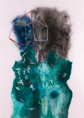 Fantôme et rhomboèdre aux lézards (émeraude et rose), huile et acryl sous plexiglas, 2018, N°15/2018.