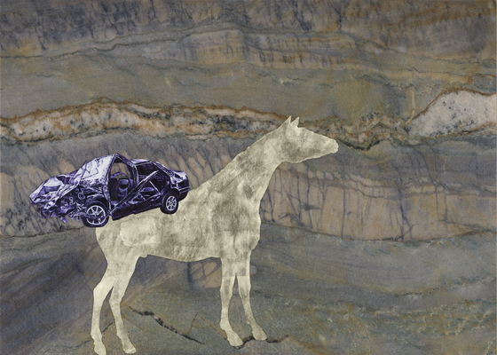 Horse/car crash, huile et feuille d'or sur marbre, 50 x 70 cm, N° 1/2024.