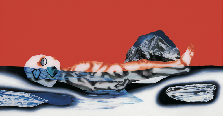 Sans titre n°18 (homme couché dans l’eau) - huile sous verre - 78x143 cm - n° 25/2002 - série Caprices