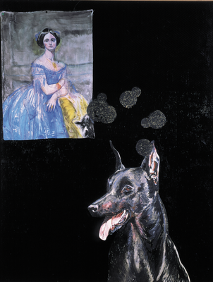 Le chien pense à Ingres - huile, soie peinte et punaises sur bois préparé - 163 x 125 cm - 1999